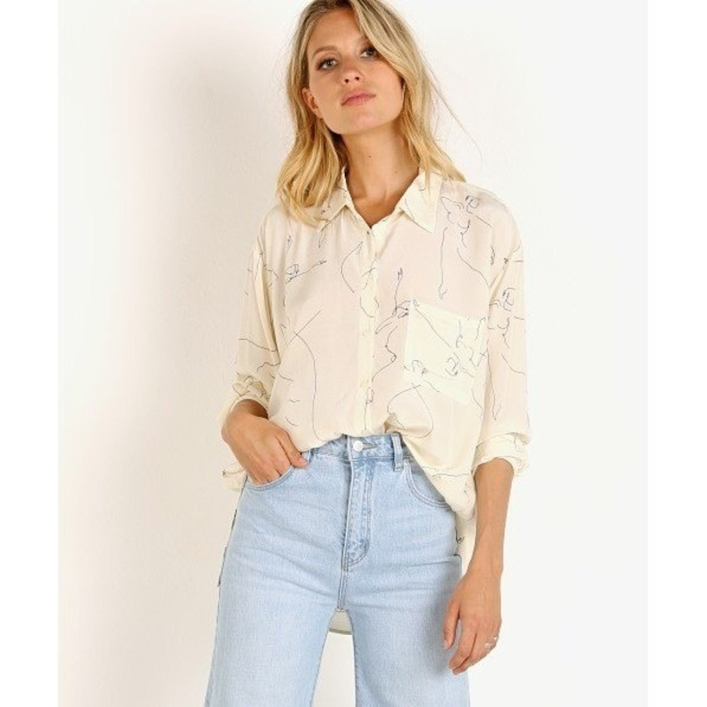 ASTR The Label Line Art Ballet Graphic Sheer Print Button Down Shirt Cream Large